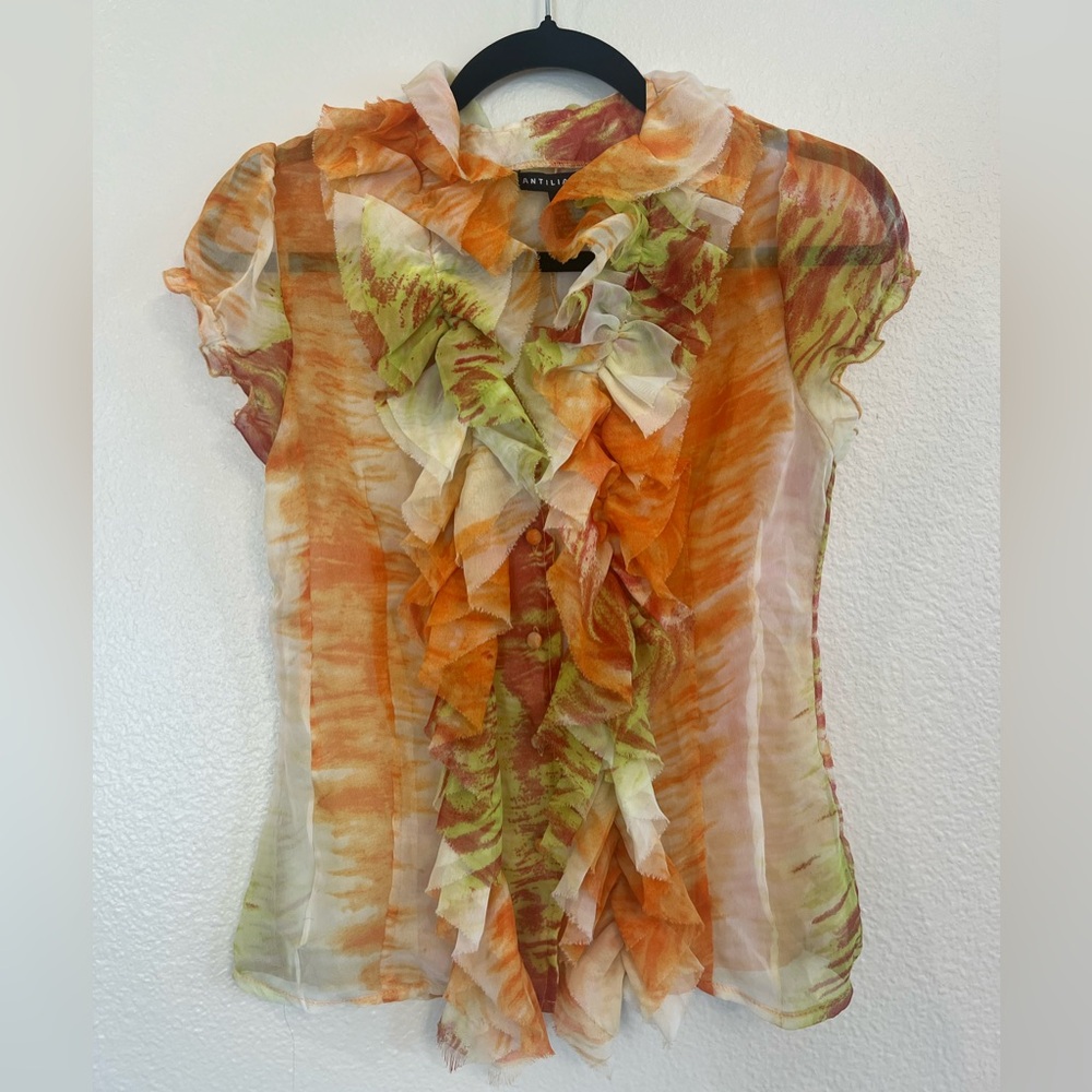 Antilia Femme Orang/Multicolor Ruffle Blouse, Size Small
